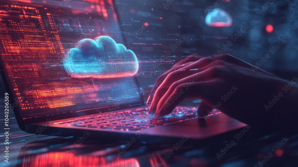 Poster weather icon with hands typing on a laptop with cloud environment change technology icons floating a