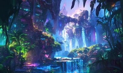 Mystical Jungle Waterfall with Vibrant Colors