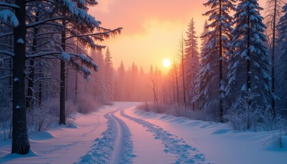 Naklejka premium Snowy path leading to a winter sunset