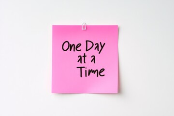 A pink sticky note displays One Day at a Time in handwritten text, delivering a simple yet powerful reminder of patience and mindfulness in a modern setting.