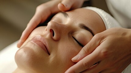 Aesthetic facial treatment in progress, close-up of hands and face, with ample space for text or branding