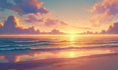 Fototapeta premium Serene Sunset over Ocean Waves at Sandy Beach