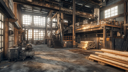 Fototapeta premium Abandoned Industrial Mill with Wood Logs - Vintage Interior