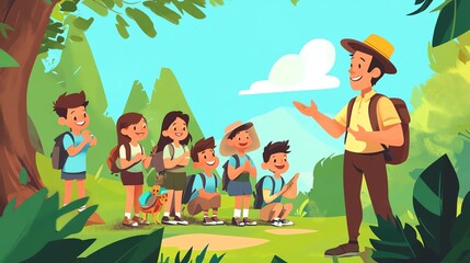 Fototapeta premium Children on a nature hike, listening to a guide in a vibrant outdoor setting.