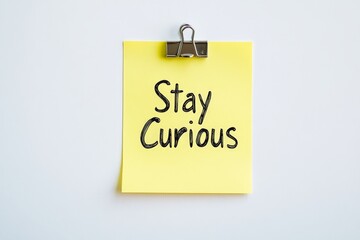 A yellow sticky note clipped to a surface reads 'Stay Curious,' urging continuous learning and exploration, ideal for fostering intellectual and personal growth.