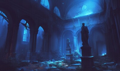 Abandoned Gothic Hall with Blue Light and Statues