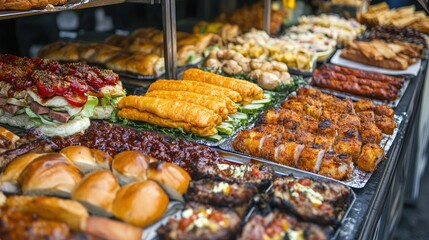 Obraz premium An array of vibrant street festival foods like BBQ and sandwiches, with plenty of space for text