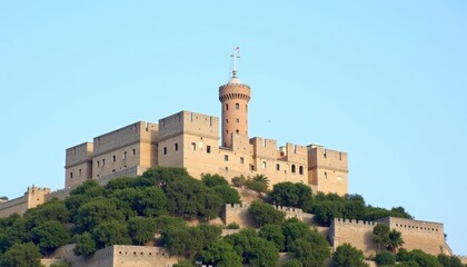  Elegant castle on hilltop majestic under clear blue sky