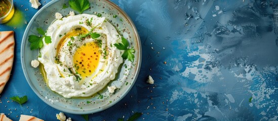 Arabian breakfast Labneh cream cheese with olive oil herbs and zaatar on blue with copy space Homemade traditional Middle Eastern labneh dip served with pita bread Arabic Cuisine
