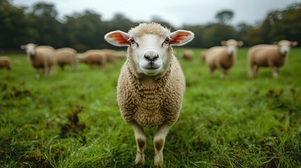 Fototapeta premium Curious Sheep in a Green Meadow