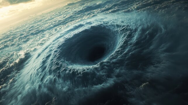 Whirlwind of Power: A mesmerizing aerial view of a swirling hurricane in the vast expanse of the ocean. The storm's powerful energy is evident in the rotating clouds, creating a dramatic and awe-insp
