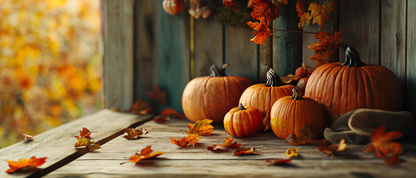 Autumnal Still Life with Pumpkins and Fall Leaves on Rustic Wooden Table, Autumnal Still Life with Pumpkins and Fall Leaves on Rustic Wood
