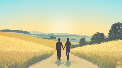Couple walking hand in hand down a sunny path, surrounded by fields at sunset.