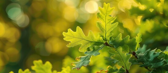 Fototapeta premium Close up shot of green oak leaves in Oak Grove on a sunny summer day creating a beautiful autumn themed natural background with selective focus for a copy space image
