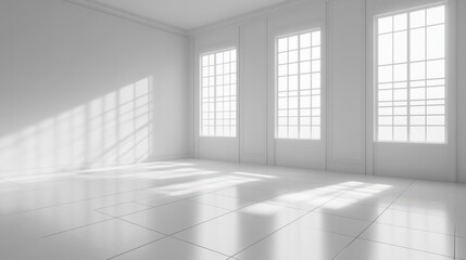 Fototapeta premium White empty studio room interior design white walls and corner tiled white empty floor background luxury empty interior for product desplay : Generative AI