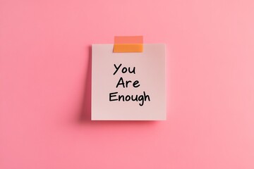 Sticky note on a pink background displaying 'You Are Enough', providing a motivational message of self-acceptance, reassurance, and intrinsic value to the viewer.