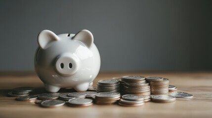White piggy bank and a pile of coins on a wooden table against a grey background, with ample copy space for text. The image symbolizes savings, financial planning, and responsible money management.