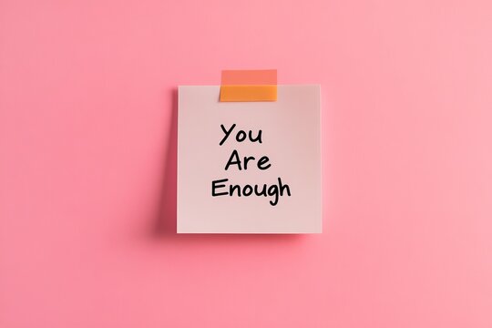 Sticky note on a pink background displaying 'You Are Enough', providing a motivational message of self-acceptance, reassurance, and intrinsic value to the viewer.
