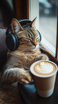 Content cat with headphones sipping coffee by window