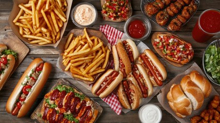 An assortment of street food favorites like hot dogs and fries on a picnic table, with room for text