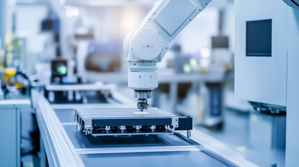 A robot performing automated assembly in a high-tech consumer electronics manufacturing plant with precision machinery, clean and modern, Electronics-tech style