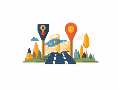 Flat Road Sign and Map Icons Strategic Direction Concept Vector Illustration Business Operations Planning Isolated White Background Suitable Infographics Strategy Guides Simple Flat Design