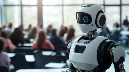 Innovative robot teaching a classroom of eager students in a modern educational setting
