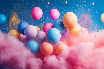 Colorful balloons floating in a vibrant sky, surrounded by clouds of pink and blue, creating a festive and joyful atmosphere.