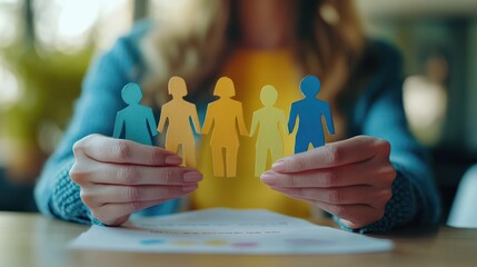 Woman holding paper human figures at table, closeup. Diversity and Inclusion concept