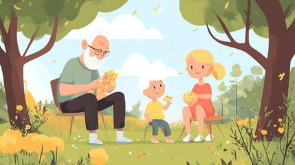 Fototapeta premium Family enjoying a sunny day in a park, sharing snacks and smiles together.