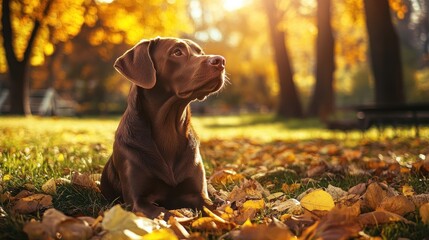 Chocolate Lab lying on autumn leaves during sunset.