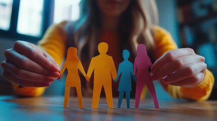 Woman holding paper human figures at table, closeup. Diversity and Inclusion concept