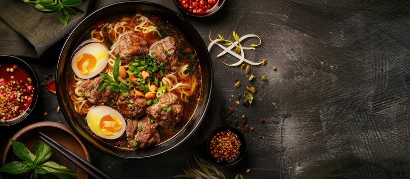 Bakso a type of food made from beef and tapioca flour with quail eggs inside can be seen in a copy space image