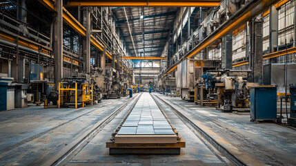 Industrial Factory Interior With Conveyor Belt And Machinery