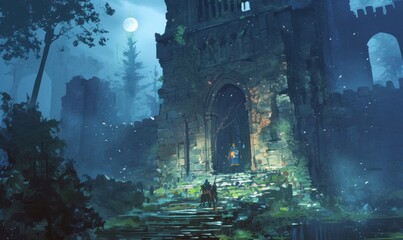 Mysterious Castle Entrance in Moonlight