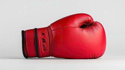 A vibrant red boxing glove rests on a neutral background, showcasing its sleek design and padding, symbolizing strength and competition.