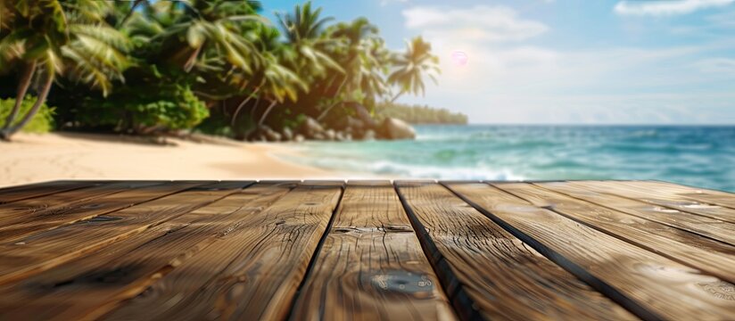 Ideal for placing summer advertising products on a wooden table with a blurred summer beach scene in the background is perfect for presentations creating a serene copy space image