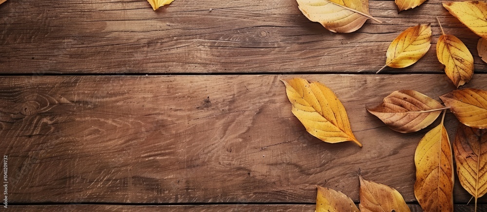 Canvas Prints dry yellowed leaves on a wooden table with a copy space image