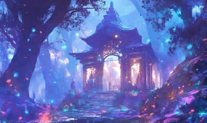 Mystical Temple Surrounded by Enchanted Forest at Dusk