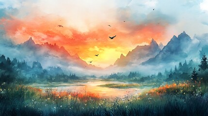 Naklejka premium Serene Watercolor Landscape of a Valley at Sunset