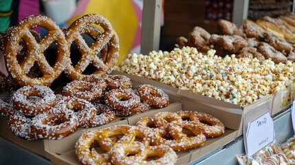Fototapeta premium Assorted carnival food like pretzels and popcorn, displayed with ample space for branding or copy