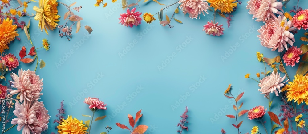 Canvas Prints chrysanthemum flowers crafted into a frame against a serene blue background with copy space image