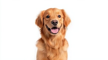 Obraz premium A cheerful golden retriever sits against a white background, showcasing its friendly expression and fluffy fur.