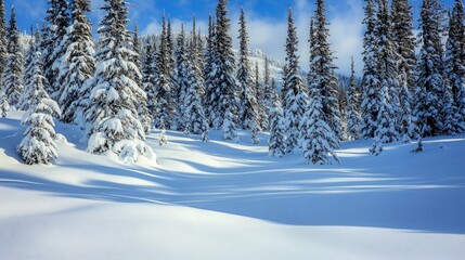 Naklejka premium Snowy forest with tall evergreen trees and blue sky.