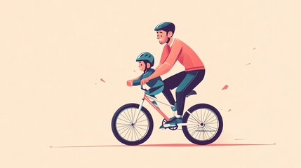 Obraz premium Father and child biking together, joyful outdoor adventure, family bonding.