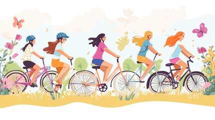 Fototapeta premium Five women riding bicycles through a vibrant floral landscape.