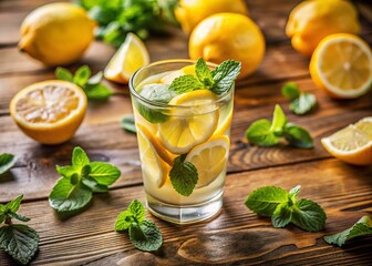 Fototapeta premium Refreshing Lemonade with Mint on Rustic Table - Perfect Summer Drink Photography