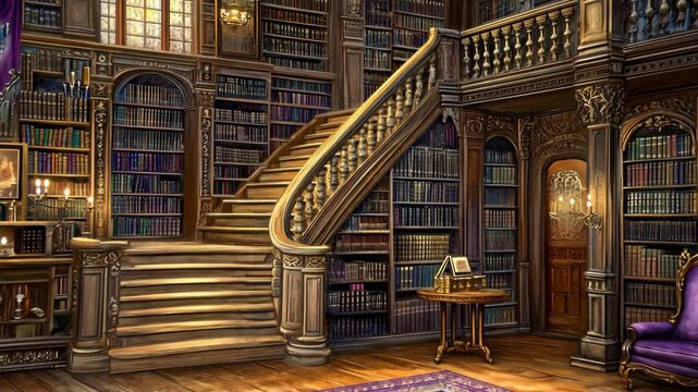 A grand library with tall bookshelves, intricate wooden stairs, and a comfortable armchair