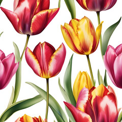 Naklejka premium Watercolor seamless pattern of red, pink and yellow tulips on a clean white background.