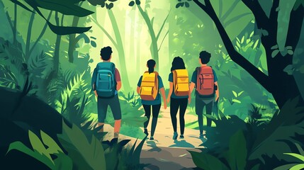 Four friends hiking through a lush, green forest on a sunny day.